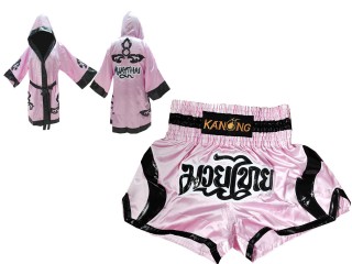 Individueller Muay Thai-Mantel mit Kapuze und Kickbox-Shorts : Set-143-Pink