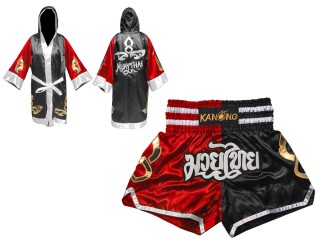 Individueller Muay Thai-Mantel mit Kapuze und Kickbox-Shorts : Set-143-Rot-Schwarz