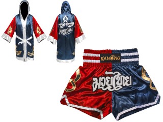 Individueller Muay Thai-Mantel mit Kapuze und Kickbox-Shorts : Set-143-Rot-Marine