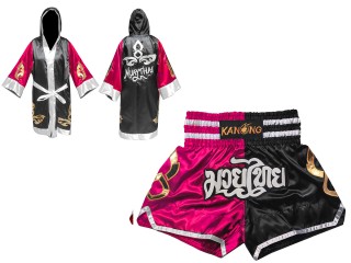 Individueller Muay Thai-Mantel mit Kapuze und Kickbox-Shorts : Set-143-Rosa-Schwarz