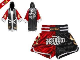 Individueller Muay-Thai-Boxmantel und Shorts für Kinder : Set-KIDS-143-Rot-Schwarz