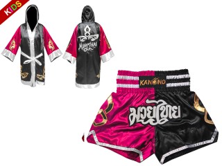 Individueller Muay-Thai-Boxmantel und Shorts für Kinder : Set-KIDS-143-Rosa-Schwarz