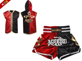 Individueller Muay Thai Box-Hoodie und Shorts für Kinder : Set-KINDER-SHOHOD-143-Rot-Schwarz