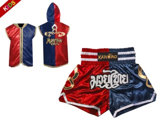 Individueller Muay Thai Box-Hoodie und Shorts für Kinder : Set-KINDER-SHOHOD-143-Rot-Marineblau