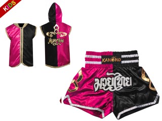 Individueller Muay Thai Box-Hoodie und Shorts für Kinder : Set-KINDER-SHOHOD-143-Rosa-Schwarz