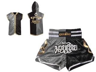 Individuelle Muay Thai Shorts und Box-Kapuzenjacke : Set-SHOHOD-143-Silber-Schwarz