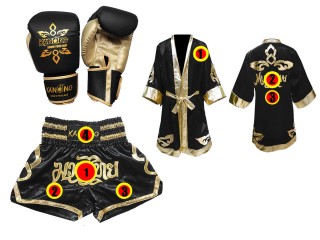 Kundenspezifisches Set von Muay Thai Handschuhen + Hosen + Mantel : Modell 121 Schwarz