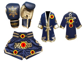 Kundenspezifisches Set von Muay Thai Handschuhen + Hosen + Mantel : Modell 121 Marine