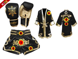 Kundenspezifisches Set von Muay Thai Handschuhen + Hosen + Mantel für Kinder : Modell 121 Schwarz