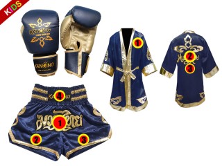 Kundenspezifisches Set von Muay Thai Handschuhen + Hosen + Mantel für Kinder : Modell 121 Marine