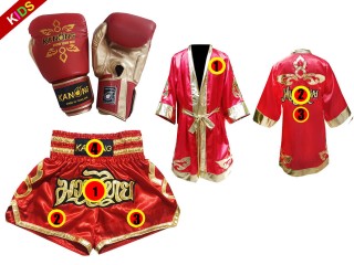 Kundenspezifisches Set von Muay Thai Handschuhen + Hosen + Mantel für Kinder : Modell 121 Rot