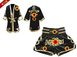 Kundenspezifische Boxermantel +Thaiboxhosen für Kinder : Set 121 Schwarz