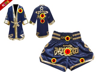 Kundenspezifische Boxermantel +Thaiboxhosen für Kinder : Set 121 Marine