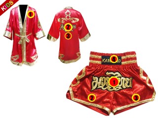 Personalisierte Boxermantel + Muay Thai Hose für Kinder : Set 121 Rot