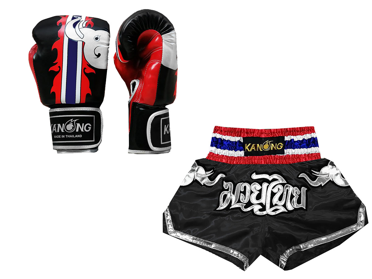 Passende Muay Thai Handschuhe und Personalisierte Muay Thai Shorts : Modell 125 Schwarz