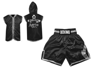 Personalisierte Hoodies Jacke + Boxen Hosen : KNCUSET-008-Schwarz-Silber