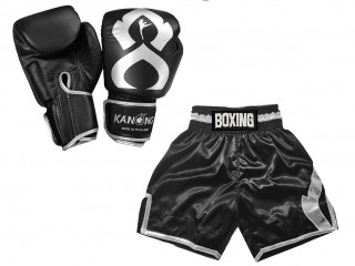 Echtleder Handschuhe und Personalisierte Boxshorts : KNCUSET-201-Schwarz-Silber
