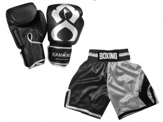 Echtleder Handschuhe und Personalisierte Boxshorts : KNCUSET-202-Schwarz-Silber