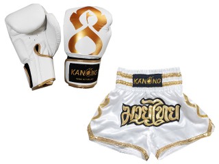 Passende Echtleder Handschuhe und Personalisierte Muay Thai Shorts : Set-121-Thaikick-Weiss