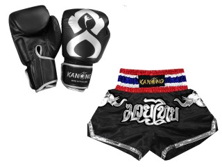 Passende Echtleder Handschuhe und Kundenspezifische Muay Thai Shorts : Set-125-Gloves-Thaikick-Schwarz