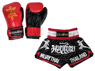 Passende Echtleder Handschuhe und Kundenspezifische Muay Thai Shorts : Set-133-Gloves-Schwarz