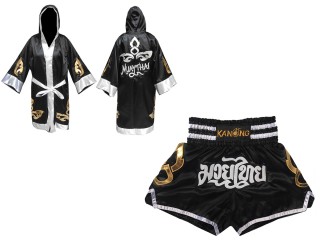 Personalisierte Boxermantel + Muay Thai Hose : Set-143-Schwarz