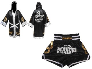 Kundenspezifische Boxermantel +Thaiboxhosen : Set-143-Schwarz