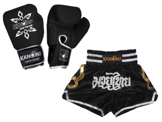 Paket - Echtleder Handschuhe und Personalisierte Muay Thai Shorts : Set-143-Gloves-Schwarz