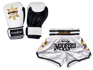Paket - Echtleder Handschuhe und Personalisierte Muay Thai Shorts : Set-143-Gloves-Weiss