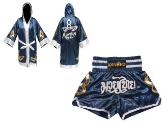 Kundenspezifische Boxermantel +Thaiboxhosen : Set-143-Marine