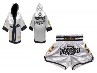 Personalisierte  Boxermantel +Muay Thai hose : Set-143-Weiss