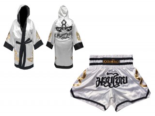 Kundenspezifische Boxermantel +Thaiboxhosen : Set-143-Weiss