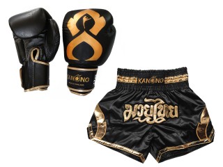 Paket - Echtleder Handschuhe und Personalisierte Muay Thai Shorts : Set-144-Gloves-Schwarz-Gold