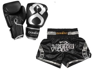 Paket - Echtleder Handschuhe und Personalisierte Muay Thai Shorts : Set-144-Gloves-Schwarz-Silber