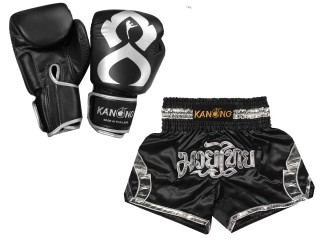 Passende Echtleder Handschuhe und Kundenspezifische Muay Thai Shorts : Set-144-Gloves-Schwarz-Silber