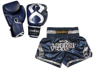 Paket - Echtleder Handschuhe und Personalisierte Muay Thai Shorts : Set-144-Gloves-Marine