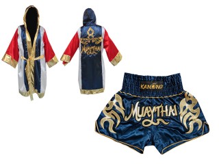 Kundenspezifische Boxermantel +Thaiboxhosen : Set-134-Robe-Marine