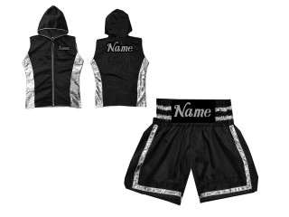 Personalisierte Hoodies Jacke + Box Hosen : KNCUSET-007-Schwarz-Silber