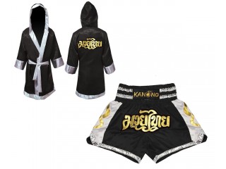 Kundenspezifische Boxermantel +Thaiboxhosen : Set-141-Schwarz