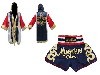 Kundenspezifische Boxermantel +Thaiboxhosen : Set-120-Kleid-Marine