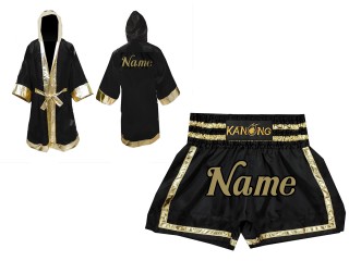 Personalisierte Boxermantel + Muay Thai hose : Set-140-Schwarz-Gold 