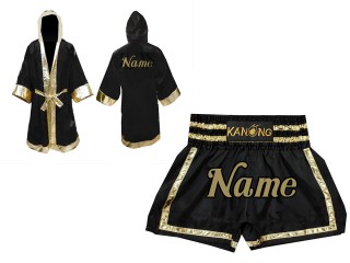 Kundenspezifische Boxermantel +Thaiboxhosen : Set-140-Schwarz-Gold