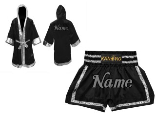 Personalisierte Boxermantel + Muay Thai hose : Set-140-Schwarz-Silber