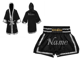 Kundenspezifische Boxermantel +Thaiboxhosen : Set-140-Schwarz-Silber