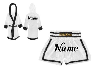 Personalisierte Boxermantel +Thaibox hosen : Set-140-Weiss-Schwarz