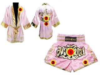 Kundenspezifische Boxermantel +Thaiboxhosen : Set 121 Rosa
