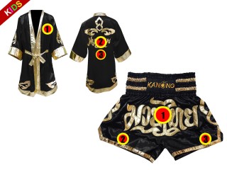 Kundenspezifische Boxermantel +Thaiboxhosen für Kinder : Set 121 Schwarz