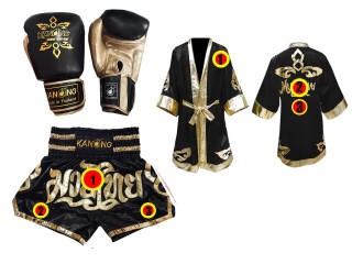 Kundenspezifisches Set von Muay Thai Handschuhen + Hosen + Mantel : Modell 121 Schwarz