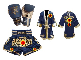 Kundenspezifisches Set von Muay Thai Handschuhen + Hosen + Mantel : Modell 121 Marine