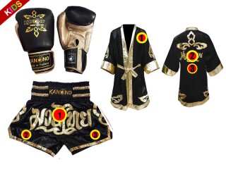 Kundenspezifisches Set von Muay Thai Handschuhen + Hosen + Mantel für Kinder : Modell 121 Schwarz